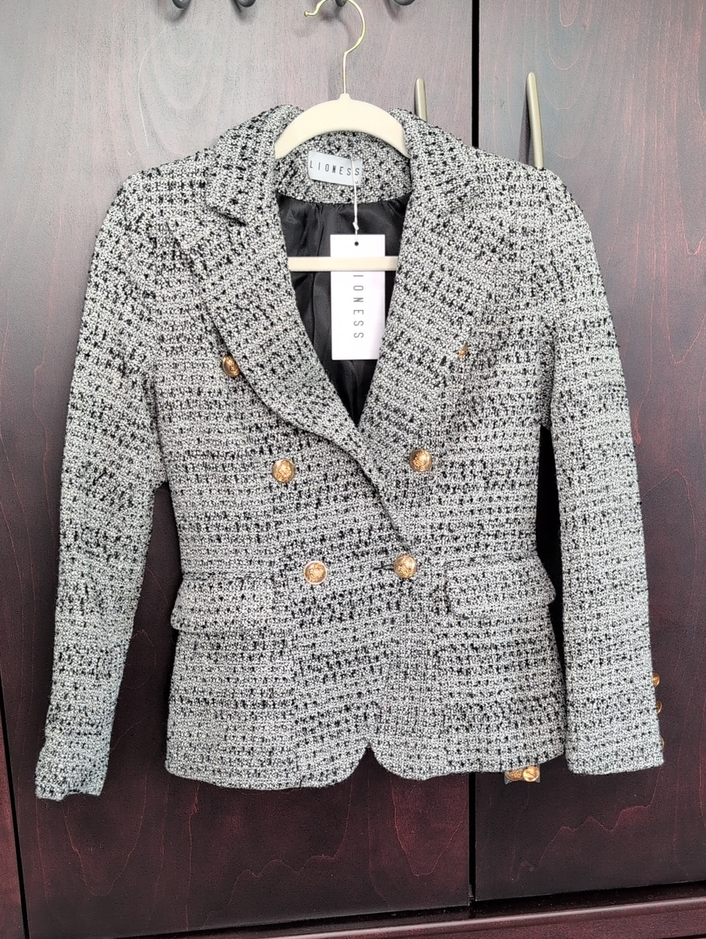 Lioness Palermo Tweed Double-Breasted Blazer with Gold Buttons XS